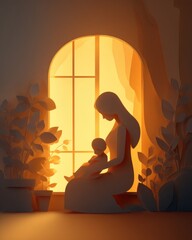 Silhouette of mother and child in warm glow by window with plants