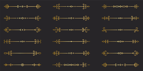 Gold text dividers doodle set. Wedding decorative elements. Divider ornament, borders, vintage line separators. Hand drawn vector illustration isolated on black background