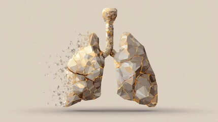 Fragmented geometric lungs with gold veins on beige background