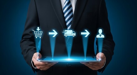Businessman displays digital order fulfillment process on tablet.  The visual depicts online shopping, delivery, and customer service stages.