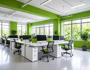 Modern Green Office Workspace with Bright Lighting and Ergonomic Chairs