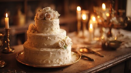 Elegant three-tier wedding cake with roses and candlelit ambiance
