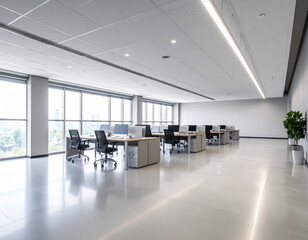 Bright Modern Office Space with Desks, Chairs, and Large Windows Overlooking City