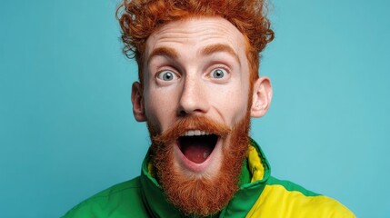 Surprised young caucasian male with curly red hair in green and yellow jacket
