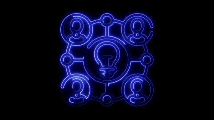 Blue Neon Light Bulb and People Icons Connected on Black Background