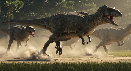 Fototapeta premium A group of allosaurus dinosaurs running through a grassy field with dust kicking up and mouths open in a frenzy scene