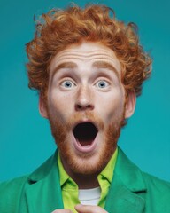 Surprised caucasian male with red hair and beard wearing bright clothing