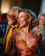 Elegant woman dancing and smiling with senior gentleman at lively ballroom party