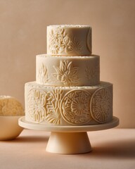 Elegant three-tier white floral wedding cake on display stand