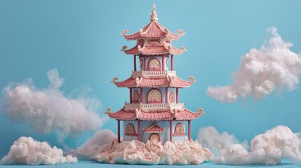 Intricate pink and blue pagoda surrounded by whimsical clouds