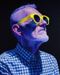 Elderly caucasian male in checkered shirt and yellow sunglasses against dark background
