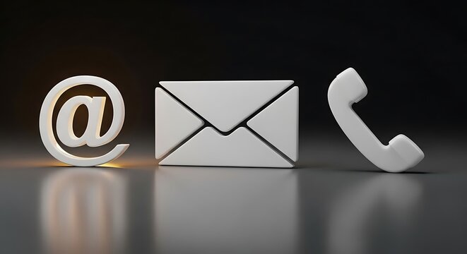 Three white communication icons, representing electronic mail, letter, and phone contact.