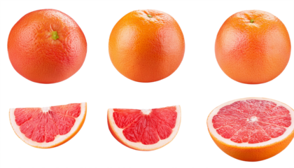 Vibrant whole and sliced grapefruits showcase juicy pink flesh and textured rind for healthy eating concepts