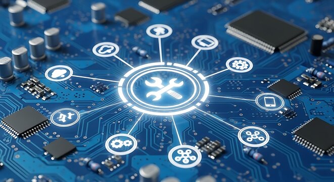 A circuit board with interconnected icons representing various system maintenance tasks.