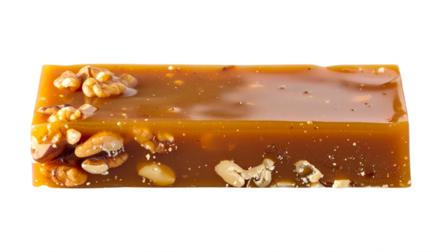 Indulgent caramel bar loaded with crunchy walnuts and peanuts offers a rich, sweet treat experience.