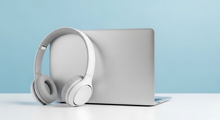 Headphones resting against a closed laptop on a white surface against a light blue background.