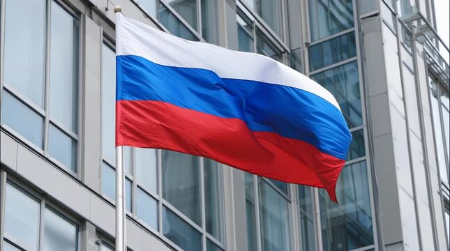 Russian flag waving on flagpole in the wind in front of government building