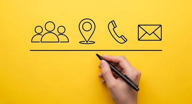 Hand drawing a line under contact icons: people, location pin, phone, and email, on a yellow background.
