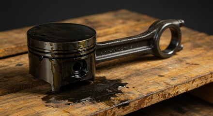 Piston and connecting rod on wood