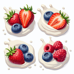 Vector set, design with blueberry, strawberries,  
raspberries berry in milk yogurt isolated 
on white background. Fashionable print for paper, 
fruit ice cream label, food packaging. 