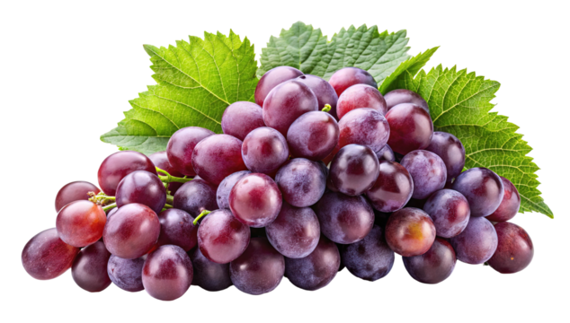 A ripe bunch of deep red grapes with vibrant green leaves isolated on transparent background - Powered by Adobe