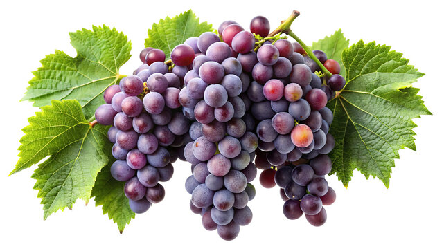 Freshly harvested cluster of ripe red grapes with green leaves isolated on transparent background