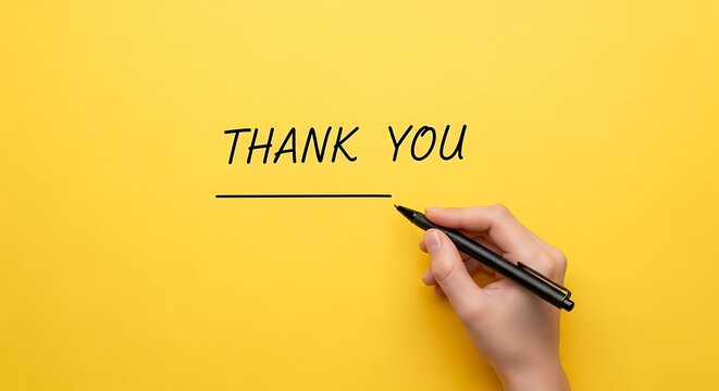 Hand writing "Thank You" on a vibrant yellow background.