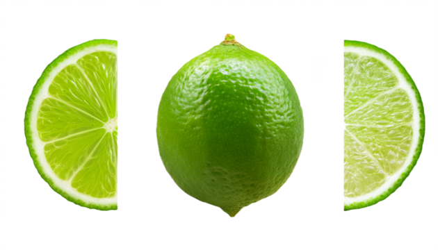 Vibrant green lime whole and sliced segments ready for refreshing drinks and culinary creations