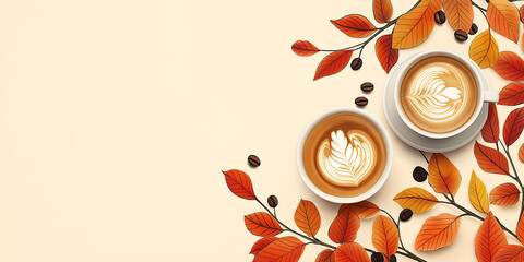 Top view of two cups of coffee with latte art on white background surrounded by yellow leaves, copy space