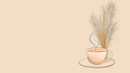 Minimalist illustration of a steaming cup of tea with decorative grass, set against a soft beige background, creating a serene and calming atmosphere for relaxation and mindfulness