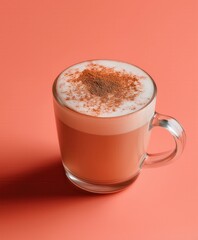 Creamy cappuccino with cinnamon topping served in a transparent glass cup on a vibrant coral background, creating a warm and inviting beverage presentation