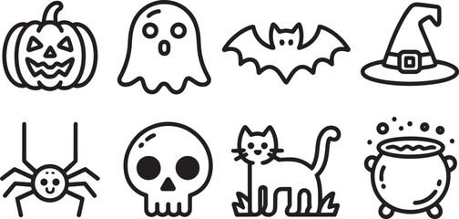 Halloween Outline Icons Set Featuring Pumpkin, Ghost, Bat, Witch Hat, Skull, Cat, and Cauldron
