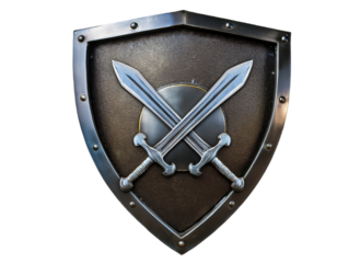 Crossed swords and medieval shield symbolize strength, protection, and historical combat.