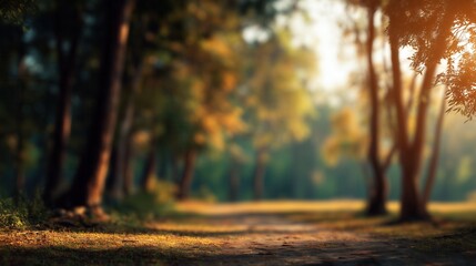 Creating a serene atmosphere, a blurred forest background reveals a winding path, with soft sunlight filtering through the lush trees