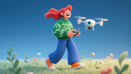 3D cartoon illustration of a girl holding a remote control and controlling a drone. Vector graphics. EPS.