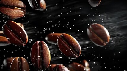 Coffee beans are floating in mid-air, surrounded by droplets of water, creating a dynamic and fresh atmosphere, highlighting the essence of coffee culture and brewing
