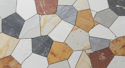 Photo of a textured background showcases a mosaic of irregularly shaped stones in various colors, creating a natural and abstract pattern