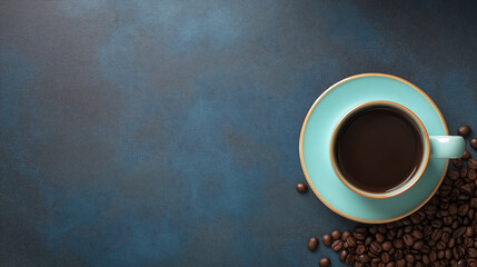 Coffee cup filled with dark brew sits on textured blue surface, surrounded by roasted coffee beans, creating a cozy atmosphere for coffee lovers and enthusiasts