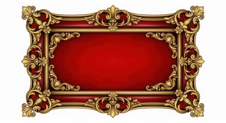 Photo of an ornate gold and red baroque frame, isolated on white background, exudes vintage elegance and classic style