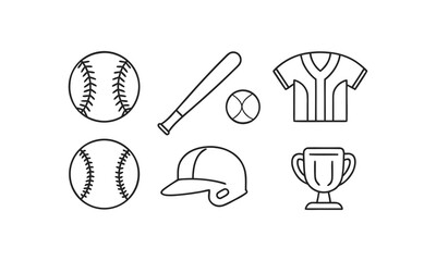 Baseball and Sports Icon Set &ndash; Bats, Balls, Jerseys, Caps, Shoes, Helmets, and Trophy in Circle Outline Style