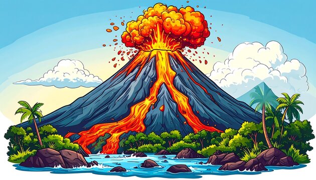 Cartoon volcano erupting near a tropical landscape