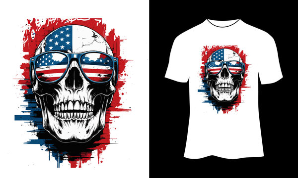 Grunge Skull with American Flag Sunglasses &ndash; Vintage Distressed USA Patriotic Illustration for T-Shirt Design