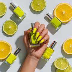Hand with neon yellow manicure holding matching nail polish bottle, surrounded by citrus slices on white background for bright seasonal beauty