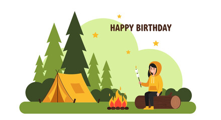 Happy Birthday Card With Girl Toasting Marshmallow By Campfire Scene