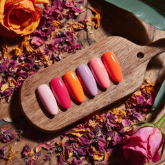Long gradient gel nails displayed on wooden board with colorful dried petals and flowers, ideal for creative warm-season nail inspiration