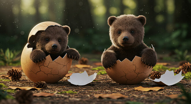 brown bear in the forest baby haching an egg new births in snow