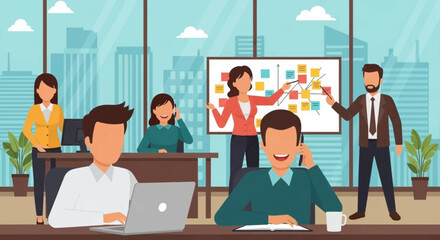 Busy Office Workers Collaborating on a Project, Ideal for Business Presentations