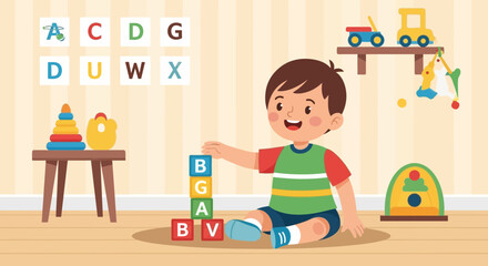 Happy Boy Learning With Colorful Building Blocks In His Room