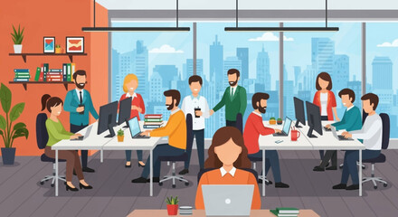 Diverse team of professionals working collaboratively in a modern office space with a city view. Ideal for websites, presentations, or brochures showcasing teamwork and business success.