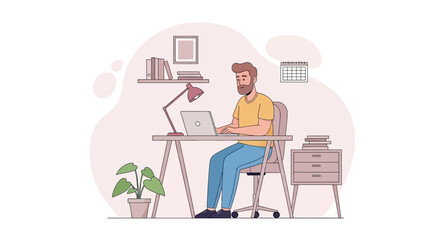 Man working on laptop at home office, perfect for website banners or blog posts about remote work.